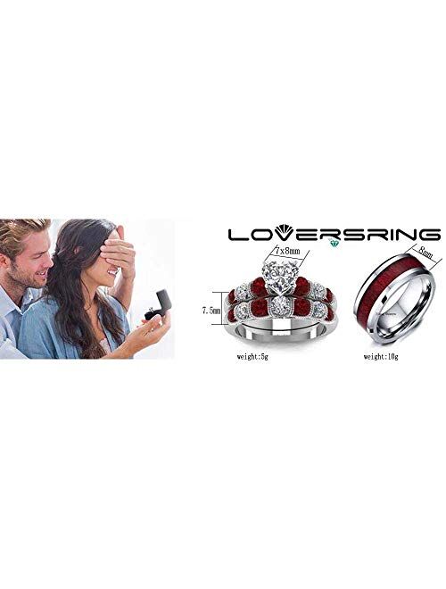 LOVERSRING Two Rings His and Hers Wedding Ring Sets Couples Rings White Gold Plated Stainless Steel Wedding Engagement Ring Bridal Sets Men's Tungsten Carbide Band