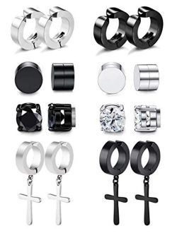 RIOSO Magnetic Stud Earrings for Men Women Stainless Steel Hoop Cross Non Piercing Fake Gauges Earring Black CZ Hypoallergenic Magnet Earring Set