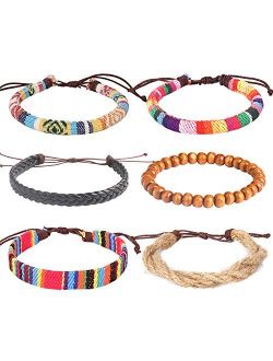 Wrap Bead Tribal Leather Woven Stretch Bracelet Boho Hemp Linen String Bracelet for Men Women Girls