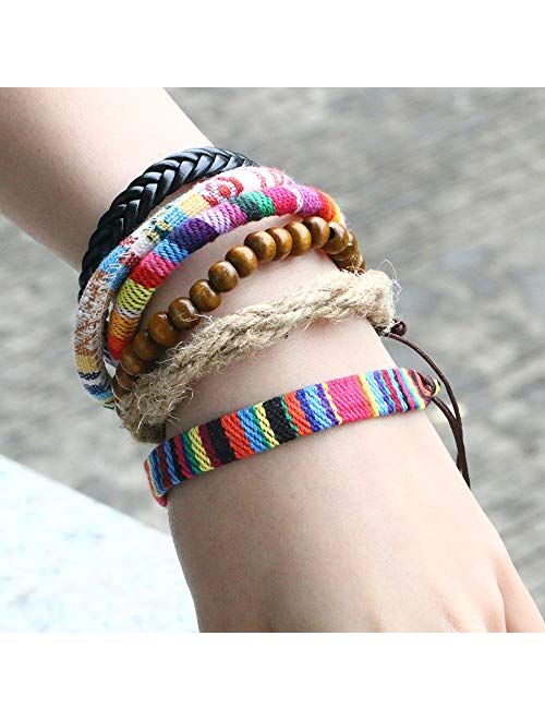 Wrap Bead Tribal Leather Woven Stretch Bracelet Boho Hemp Linen String Bracelet for Men Women Girls