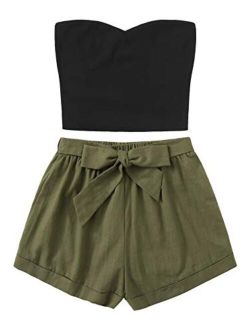 Women's 2 Piece Outfit Summer Plain Tube Crop Top with Shorts