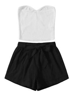 Women's 2 Piece Outfit Summer Plain Tube Crop Top with Shorts
