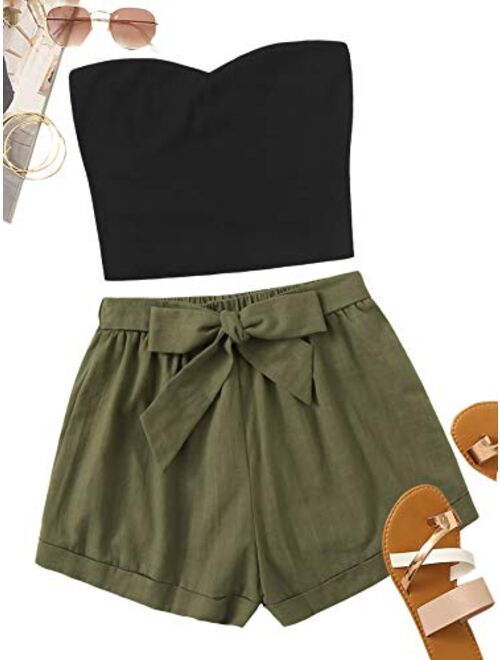 Floerns Women's 2 Piece Outfit Summer Plain Tube Crop Top with Shorts