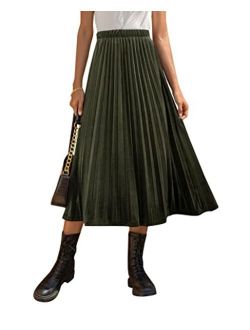 Women's Elegant High Rise Elastic Waist A-Line Pleated Swing Midi Long Velvet Skirt