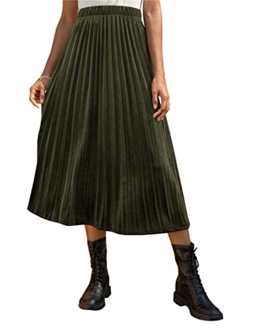 chouyatou Women's Elegant High Rise Elastic Waist A-Line Pleated Swing Midi Long Velvet Skirt