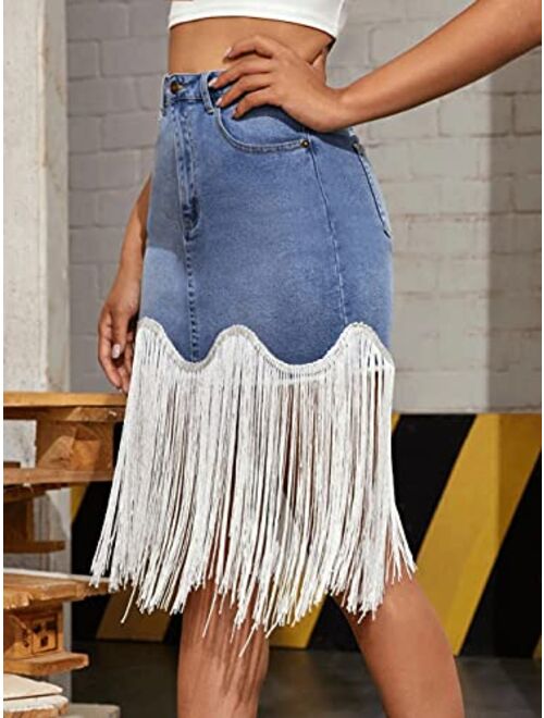 chouyatou Women's Irregular High Waisted Tassel Spliced Midi Denim Jean Pencil Skirt