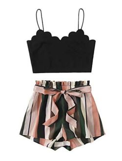Women's 2 Piece Outfit Summer Cami Crop Top and Striped Shorts Sets