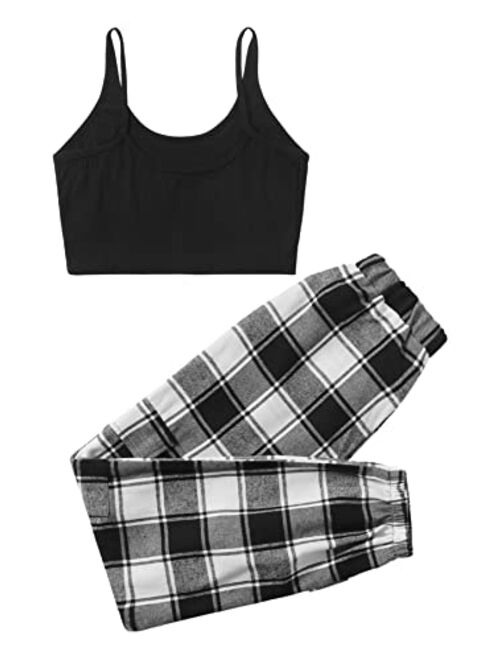 SweatyRocks Women's 2 Piece Flannel Pajamas Set Solid Tank Top and Plaid Pants Lounge Sets