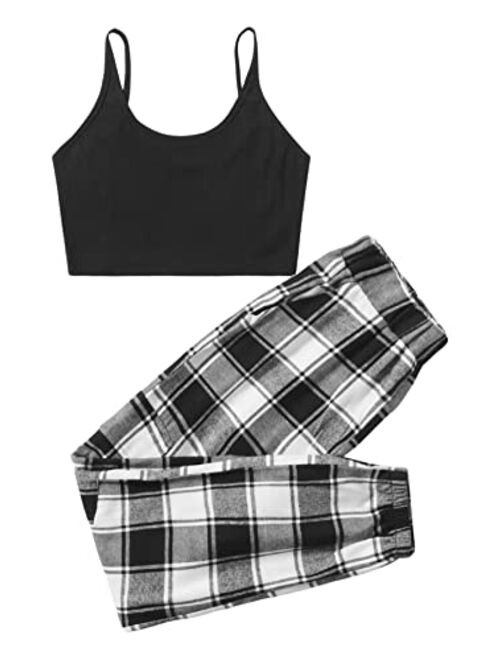SweatyRocks Women's 2 Piece Flannel Pajamas Set Solid Tank Top and Plaid Pants Lounge Sets