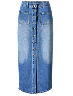 Women's Distressed High Waist Single Breasted Front Slit A-Line Long Denim Pencil Skirt
