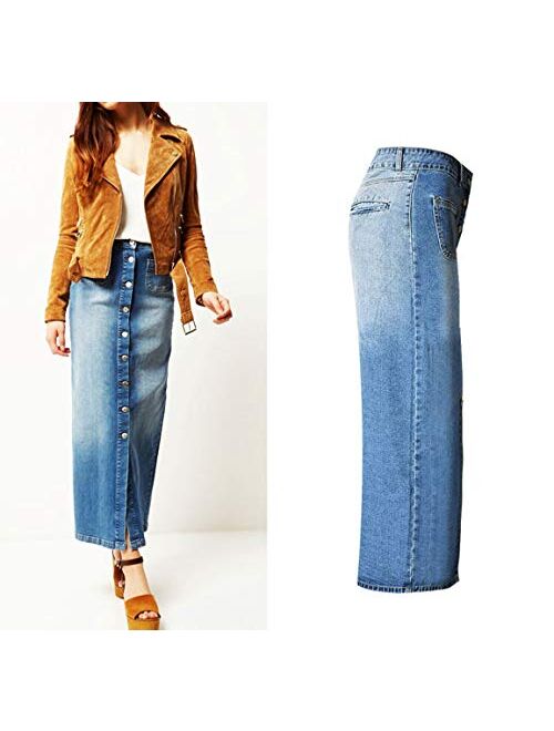 chouyatou Women's Distressed High Waist Single Breasted Front Slit A-Line Long Denim Pencil Skirt