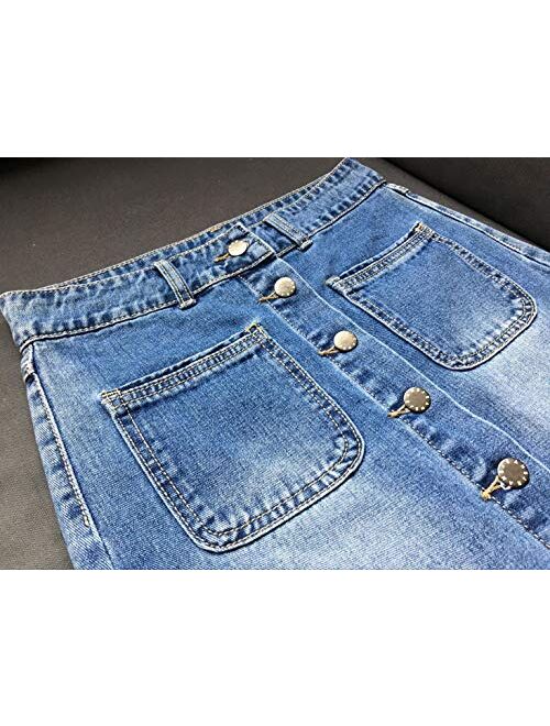 chouyatou Women's Distressed High Waist Single Breasted Front Slit A-Line Long Denim Pencil Skirt