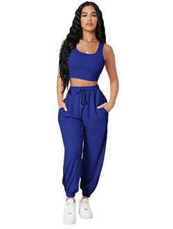 Women's Solid Drawstring Waist Jogger Set Crop Tank Top Two Piece Outfit