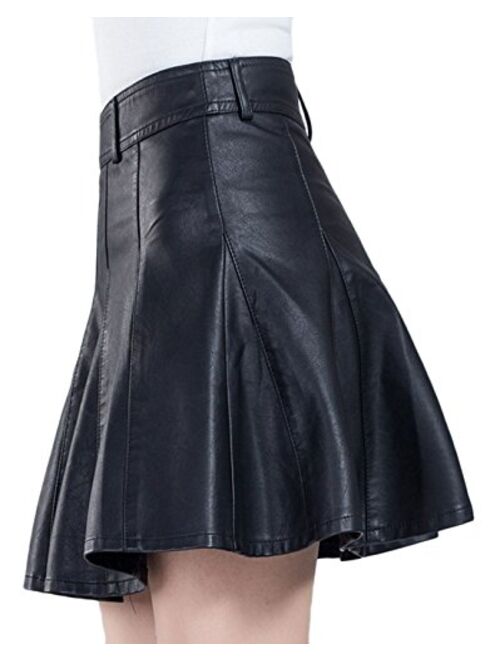 chouyatou Women's Casual Side Zipper Flare Pleated Faux Leather Skater Skirts