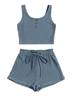 Women's 2 Piece Button Front Sleeveless Crop Tank Top and Track Shorts Outfit Lounge Set