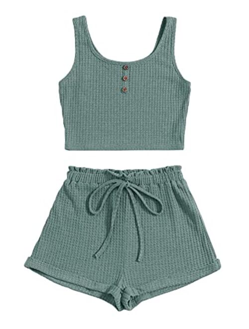 Floerns Women's 2 Piece Button Front Sleeveless Crop Tank Top and Track Shorts Outfit Lounge Set