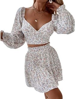 Women's Two Piece Outfit Sweetheart Neck Crop Top and Mini Skirt Set