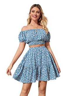 Women's Summer Square Neck Flounce Sleeve Crop Top with Mini Skirt Set