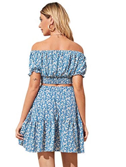 Floerns Women's Summer Square Neck Flounce Sleeve Crop Top with Mini Skirt Set