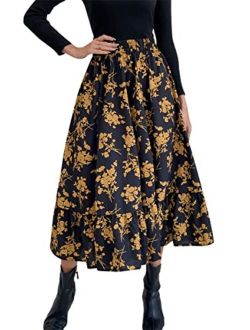 Women's Flowy Elastic High Waist Leopard Floral Print A Line Tiered Midi Skirt