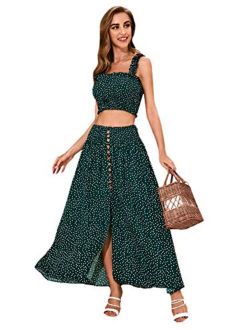 Women's 2 Piece Polka Dots Sleeveless Top and High Waist Split Skirt Set