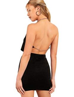 Women's 2 Piece Outfit Velvet Halter Neck Backless Top and Mini Skirt Set