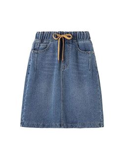 Women's Cute Bowknot Elastic Waist A-Line Short Denim Skirt with Pockets
