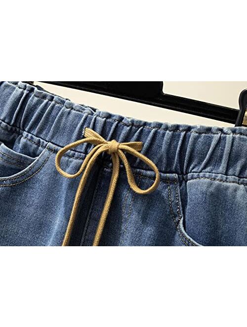 chouyatou Women's Cute Bowknot Elastic Waist A-Line Short Denim Skirt with Pockets