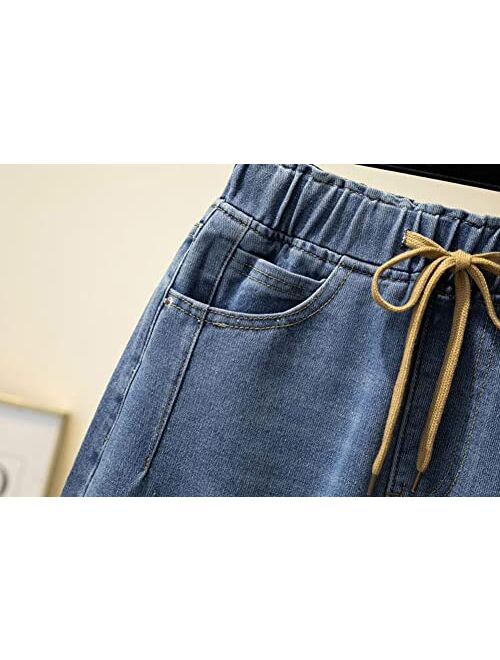 chouyatou Women's Cute Bowknot Elastic Waist A-Line Short Denim Skirt with Pockets