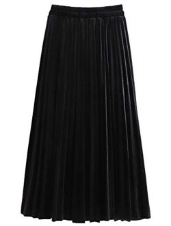 Women's Casual Stretched High Waist Plus Size A Line Flared Flowy Pleated Long Velvet Party Skirt