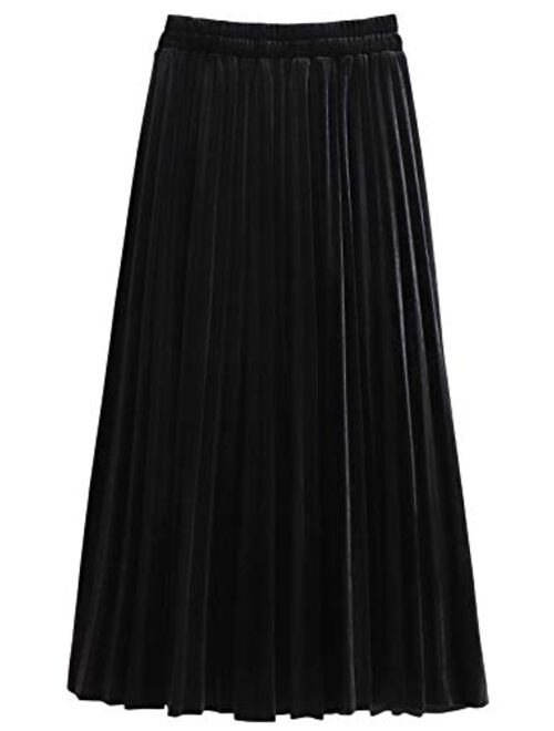 chouyatou Women's Casual Stretched High Waist Plus Size A Line Flared Flowy Pleated Long Velvet Party Skirt
