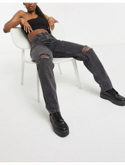 high-rise 'slouchy' mom jeans in washed black with rips