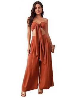 Women's Wide Leg Pants Set Sleeveless Tie Front Tube Top 2 Piece Outfit