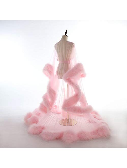 Fangjian Old Hollywood Feather Robe for Women Long Lingerie Tulle Bathrobe Wedding Scarf Bridal Robe Maternity Photoshoot