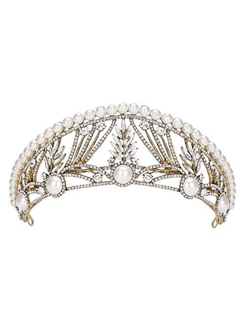 SWEETV Tiaras and Crowns for Women, Pearl Wedding Tiara for Bride, Anastasia Queen Crown, Rhinestone Hair Accessories for Birthday Quinceanera Pageant Prom,Gold