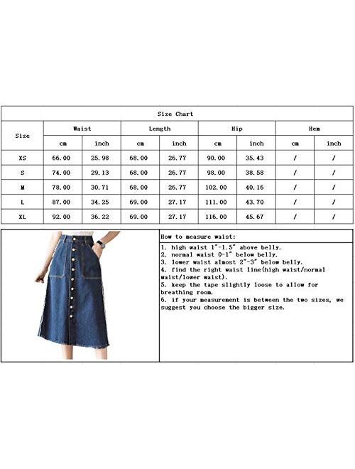 chouyatou Women's Classic High Waist Button Front Ripped A Line Mid Long Denim Skirt