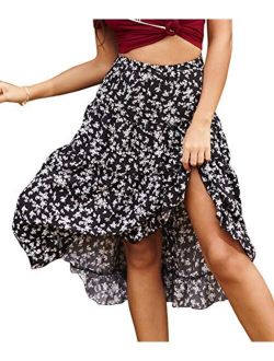 Women's Elastic Waist High Low Hem Floral Print Chiffon Midi Skirt