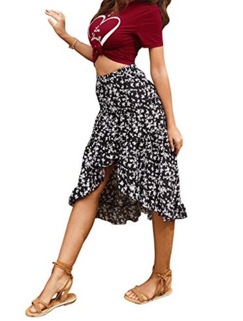 chouyatou Women's Elastic Waist High Low Hem Floral Print Chiffon Midi Skirt