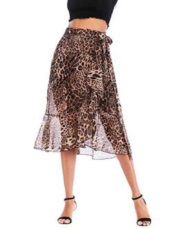 Women's Flowy A-Line Flounce Leopard Print Midi Chiffon Skirt