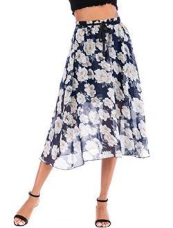 Women's Summer Elastic Waist Floral Print Flowy Midi Chiffon Skirt