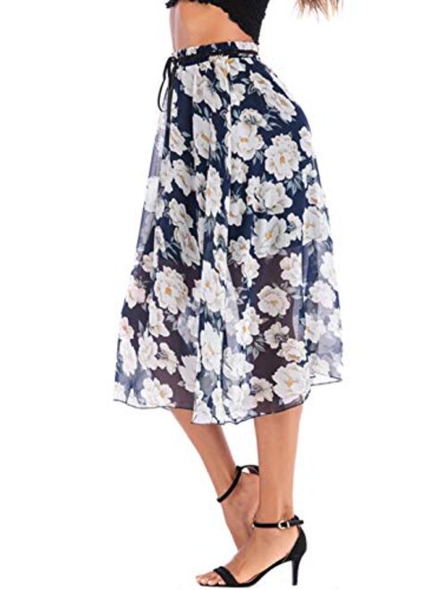 chouyatou Women's Summer Elastic Waist Floral Print Flowy Midi Chiffon Skirt