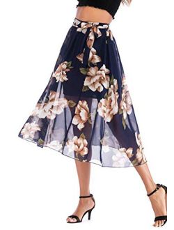 Women's Summer Removable Belted A-Line Floral Print Pullon Midi Skirt
