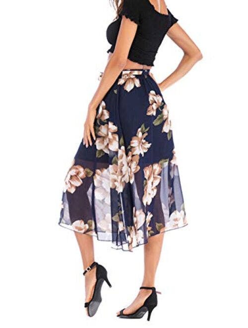 chouyatou Women's Summer Removable Belted A-Line Floral Print Pullon Midi Skirt