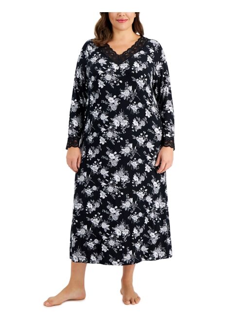 Charter Club Plus Size Lace-Trim Printed Nightgown, Created for Macy's