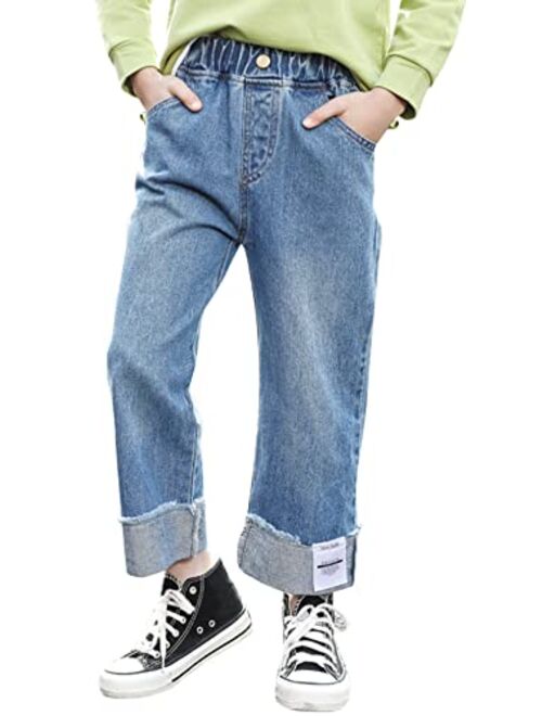 Buy Happy Cherry Kids Girls Ripped Jeans Baggy Wide Leg Distressed ...