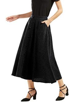 Woman's Vintage High Waist Front Button Long Skirt with Pockets