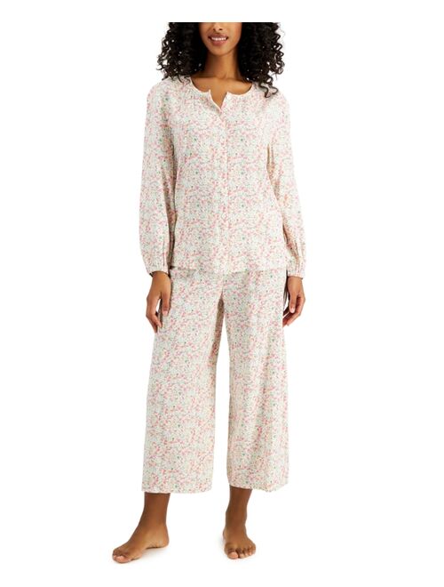 Charter Club Cotton Swiss Dot Cropped Wide-Leg Pajama Set, Created for Macy's