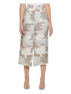 Printed Pull-On Wide-Leg Cropped Pants