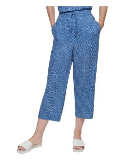 Linen Printed Pull-On Wide-Leg Pants