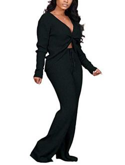 Womens Sexy 2 Piece Jumpsuit Outfit Ribbed Reversible V Neck Long Sleeve Top and Wide Leg Pant Set